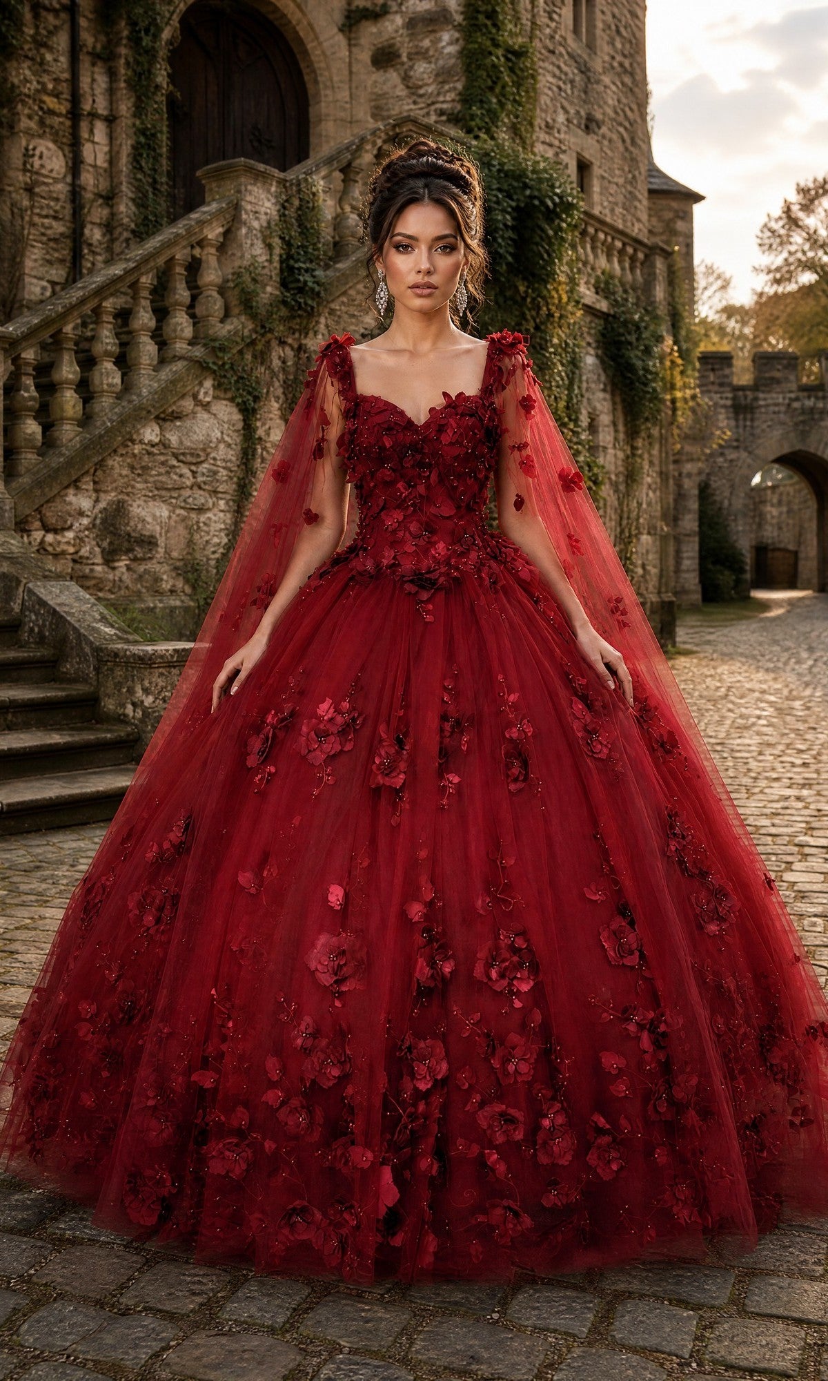 A woman stands on cobblestones in front of a stone building, wearing the Quinceanera Dress CHF3018 By Chicas in burgundy, a dramatic ball gown adorned with floral appliqués and featuring sheer cape sleeves.